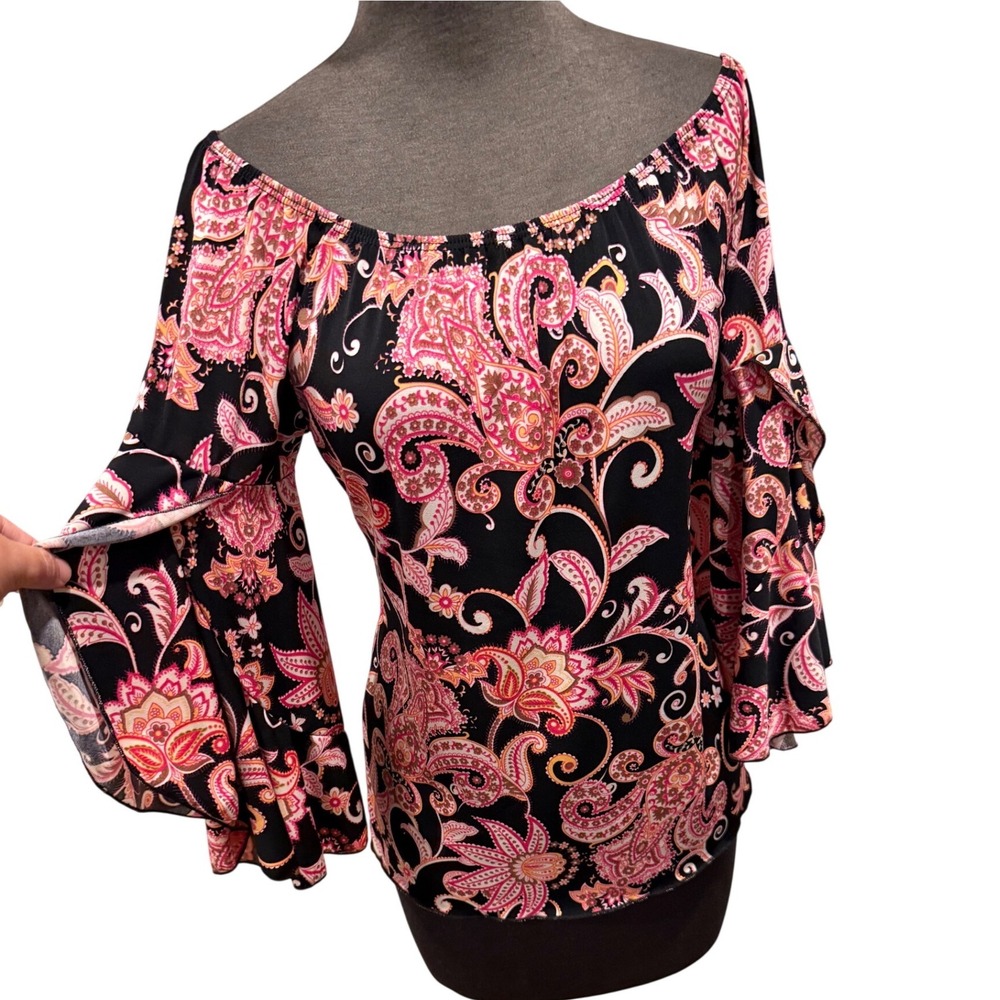 Coco Bianco Womens Pink Paisley Off Shoulder Bell Sleeve Blouse Black Floral Top